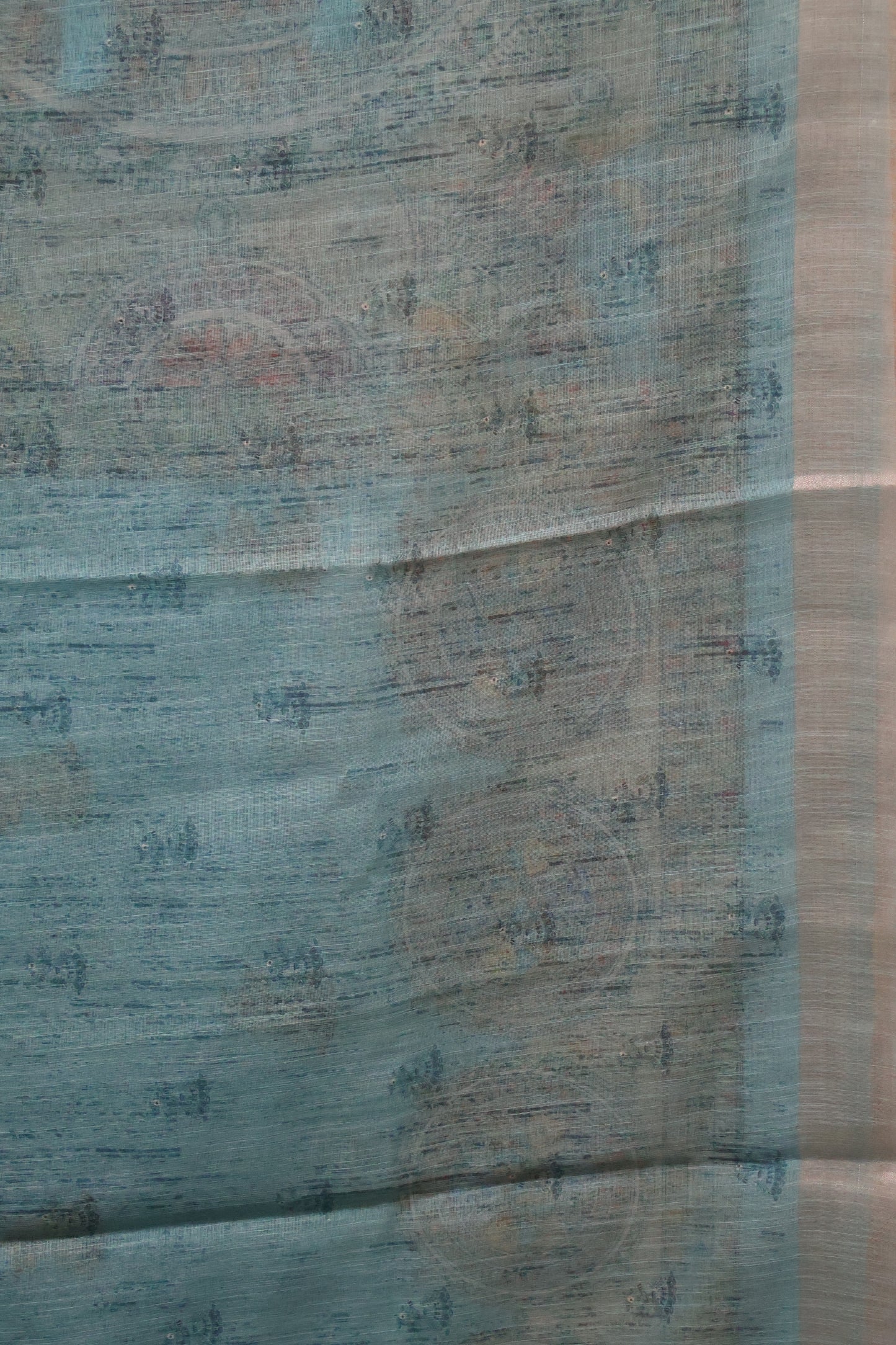 Semi Linen With Madhubani Print -Blue Round Fish