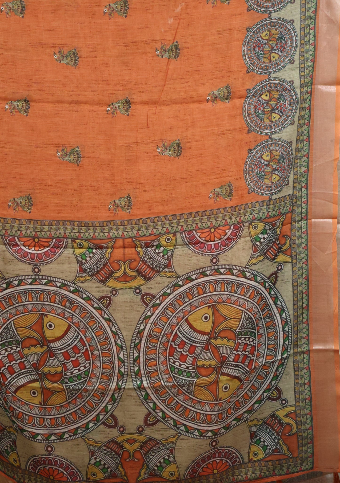 Semi Linen With Madhubani Print -Orange Round Fish