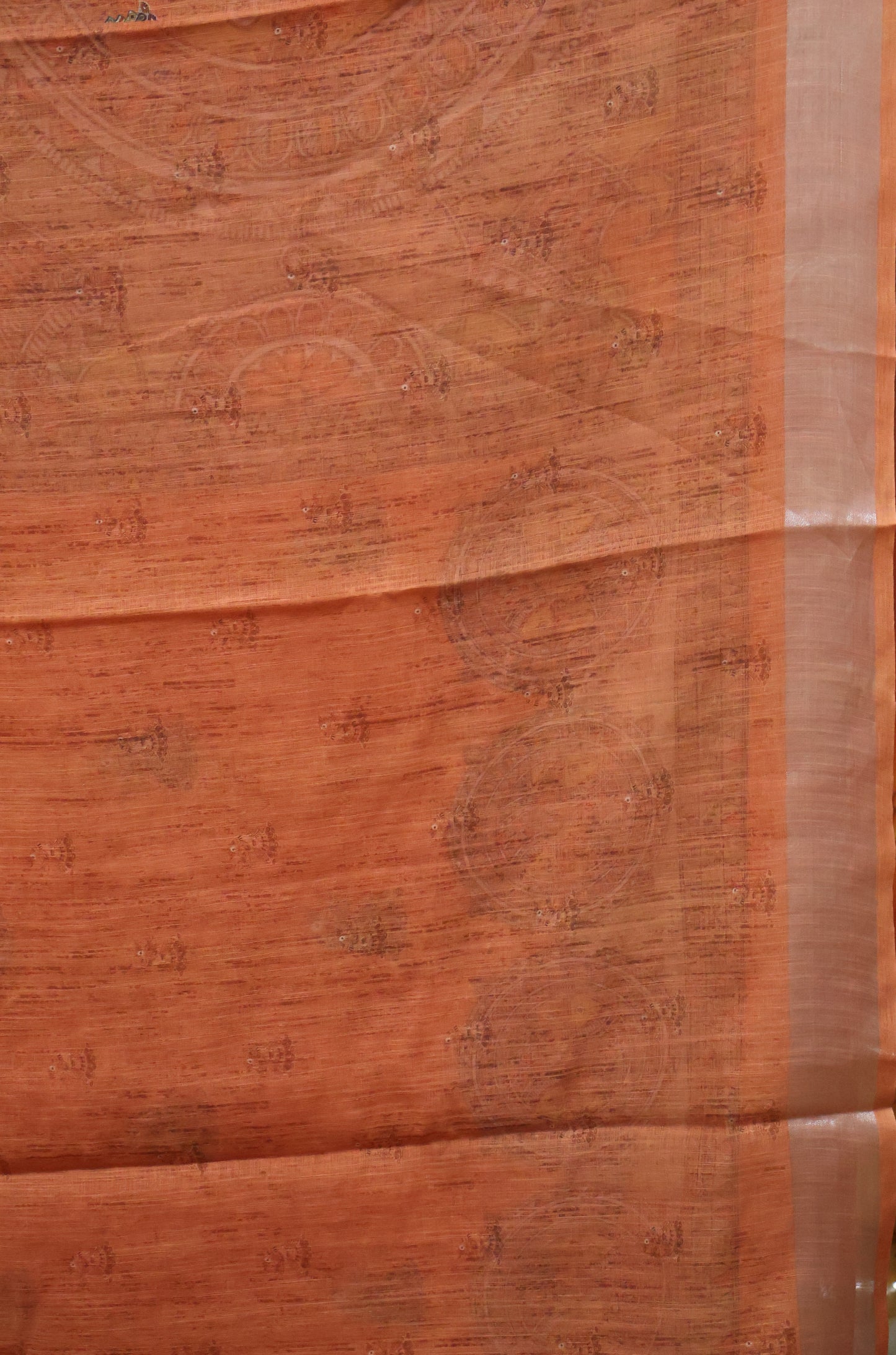 Semi Linen With Madhubani Print -Orange Round Fish
