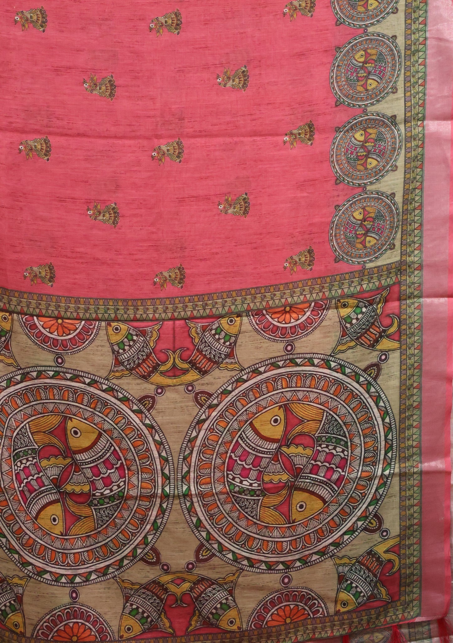 Semi Linen With Madhubani Print -Pink Round Fish