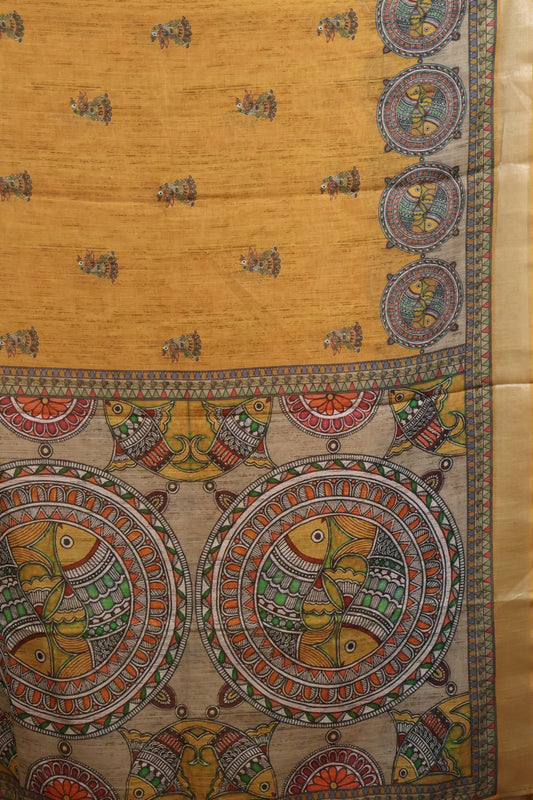 Semi Linen With Madhubani Print -Mustard Round Fish