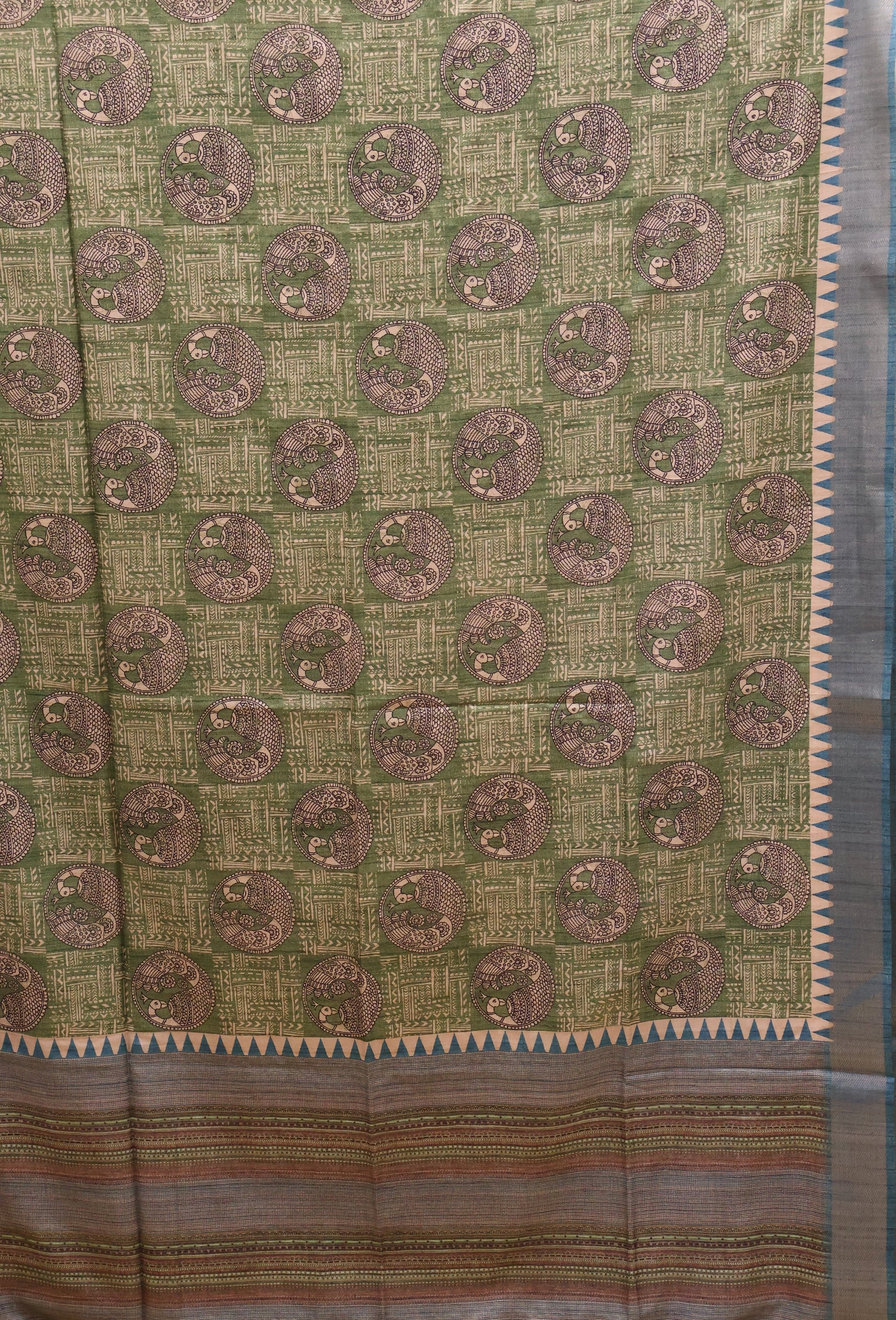 Tussar Saree-Green Peacock Pattern