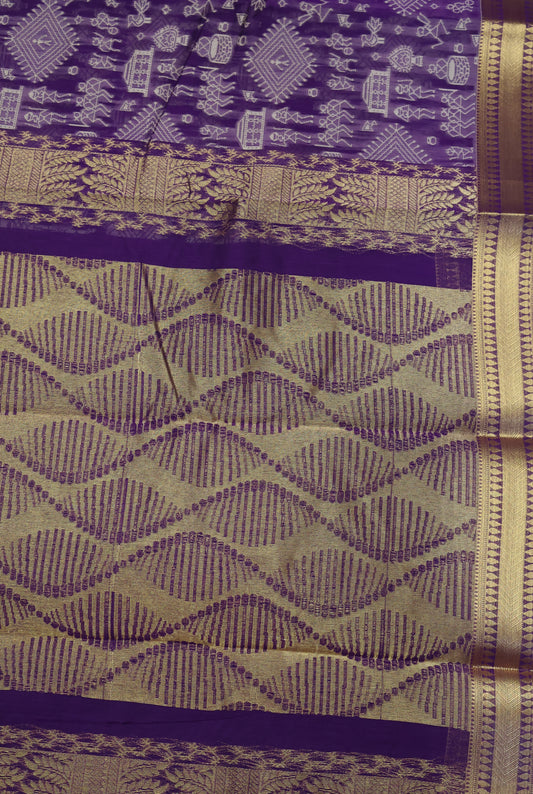 Kora Silk Cotton Saree - Warli Pattern-Purple