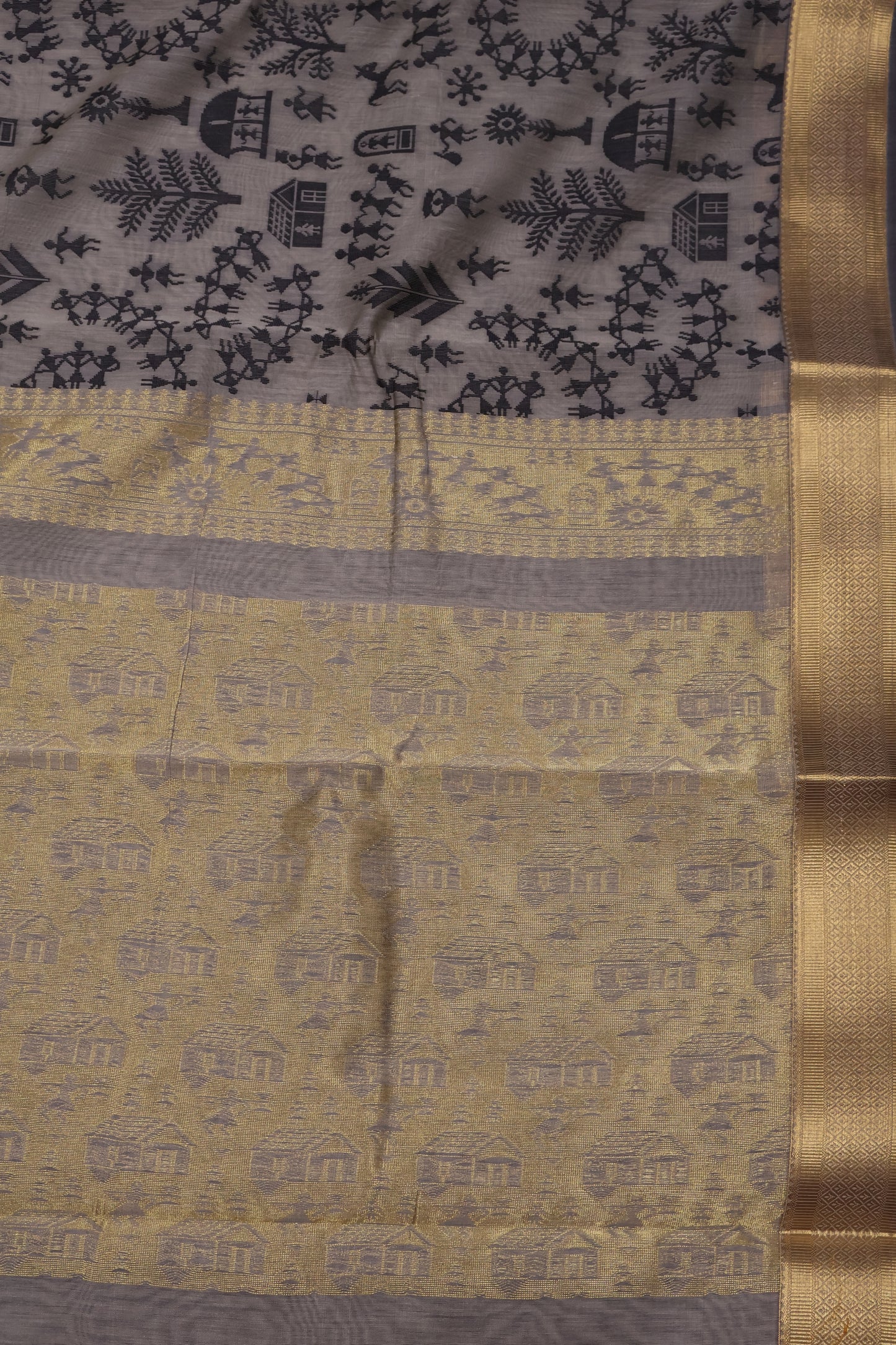 Kora Silk Cotton Saree -Village Pattern- Beige