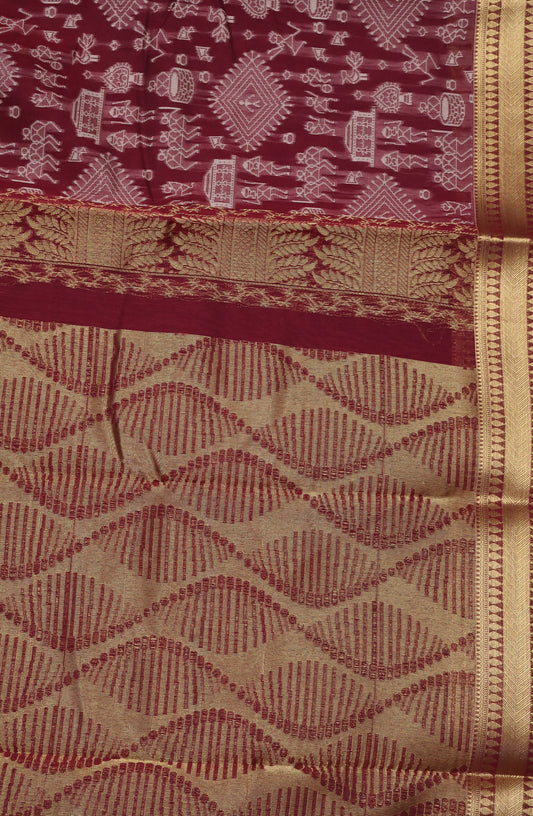 Kora Silk Cotton Saree - Warli Pattern-Maroon