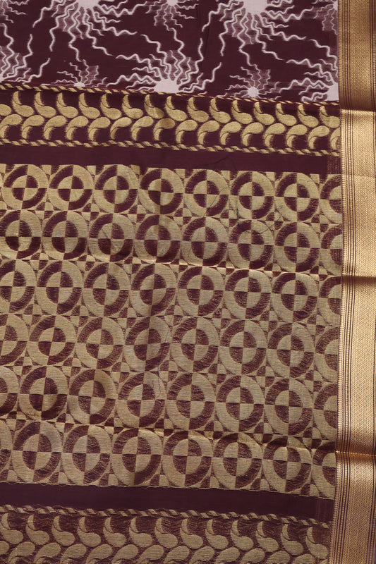 Kora Silk Cotton Saree -Sun Spark Pattern-Brown