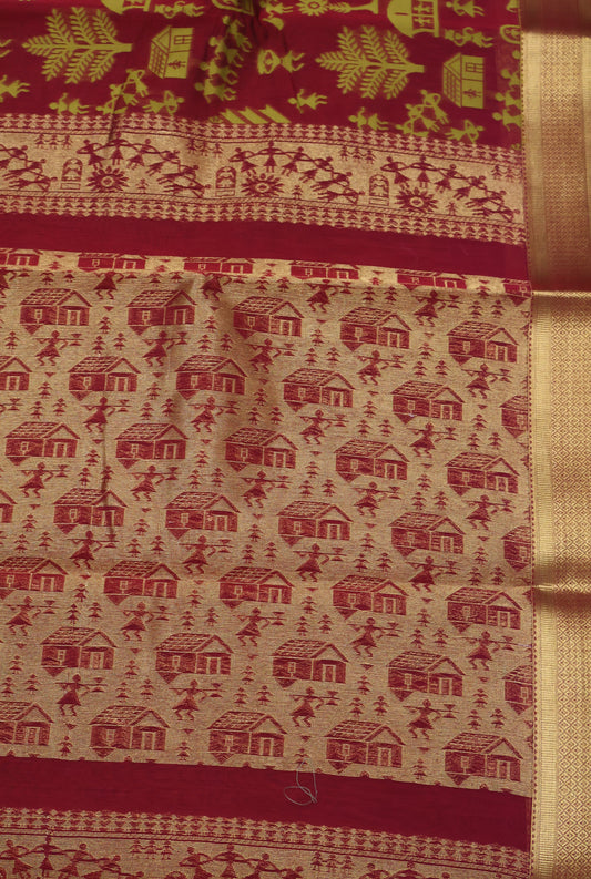 Kora Silk Cotton Saree -Village Pattern- Red