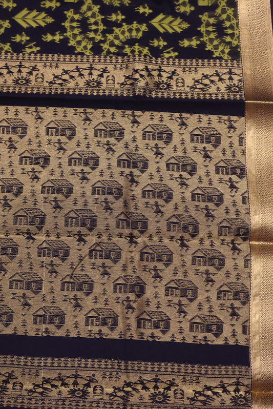 Kora Silk Cotton Saree -Village Pattern- Black