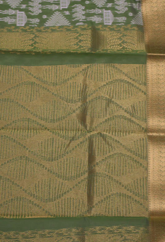 Kora Silk Cotton Saree - Warli Pattern- Light Green