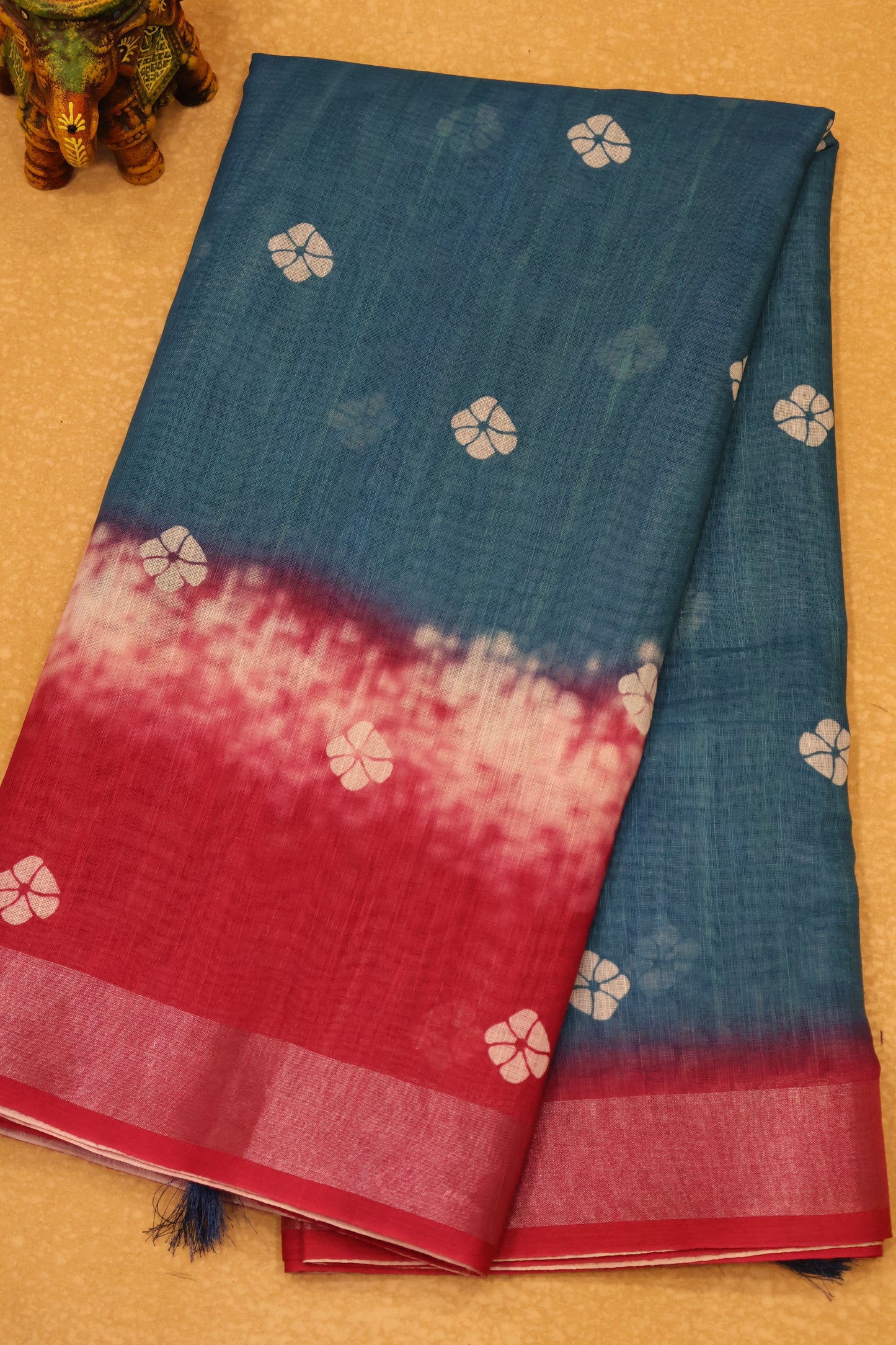 Semi Linen with Flower Print - Blue White
