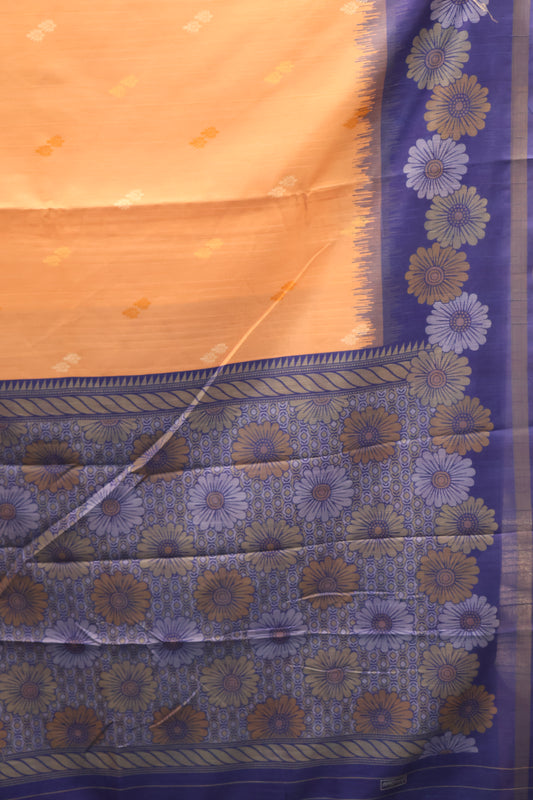 Semi Tussar Saree -Floral-Pale orange-Blue