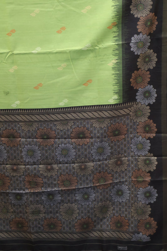 Semi Tussar Saree -Floral- Light Green-Black