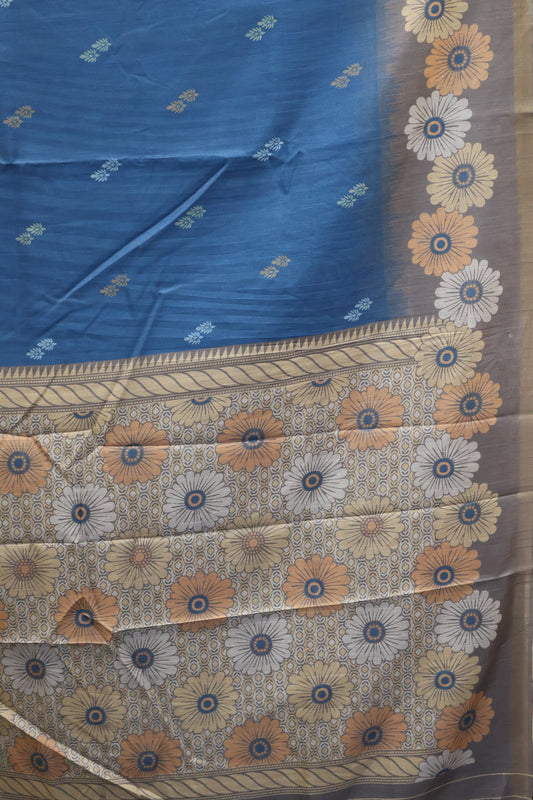 Semi Tussar Saree -Floral-Peacock Blue-Grey