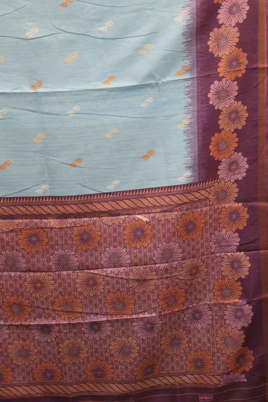 Semi Tussar Saree -Floral-Sky Blue-Purple