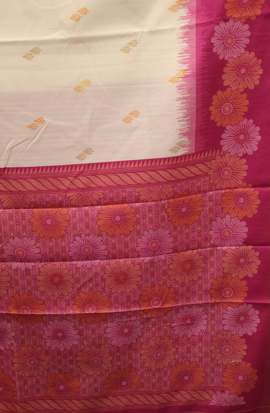 Semi Tussar Saree -Floral-White-Pink