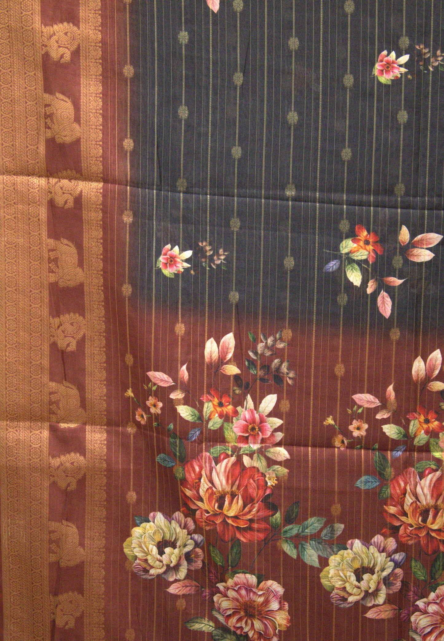 Dola Silk Saree - Black Floral Flower Line