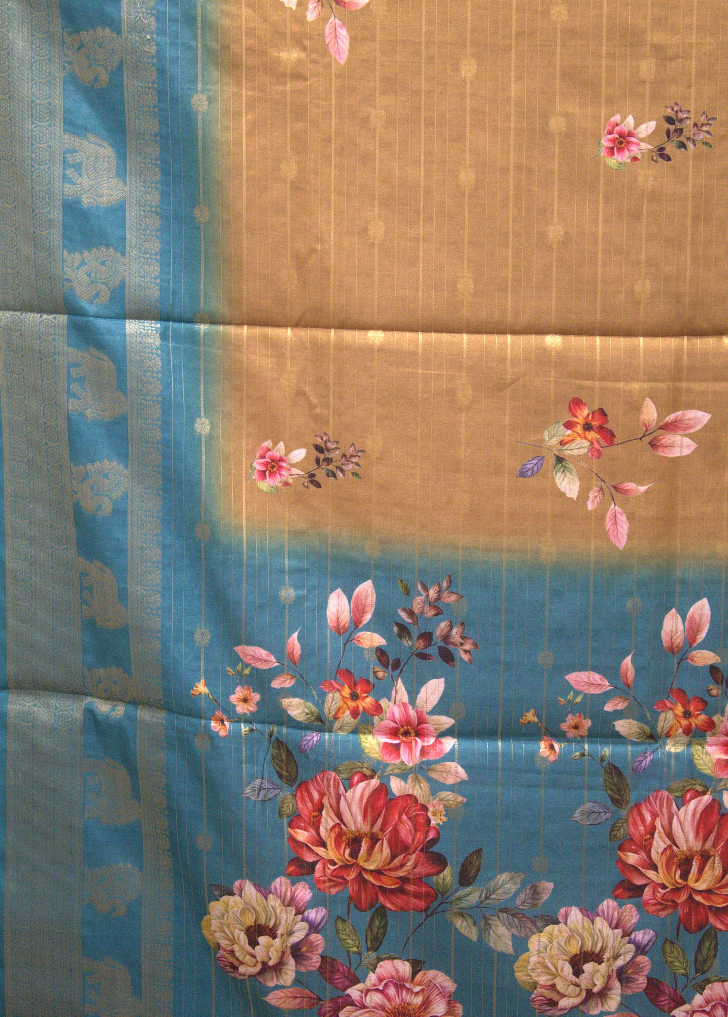Dola Silk Saree - Gold Blue Floral Flower Line