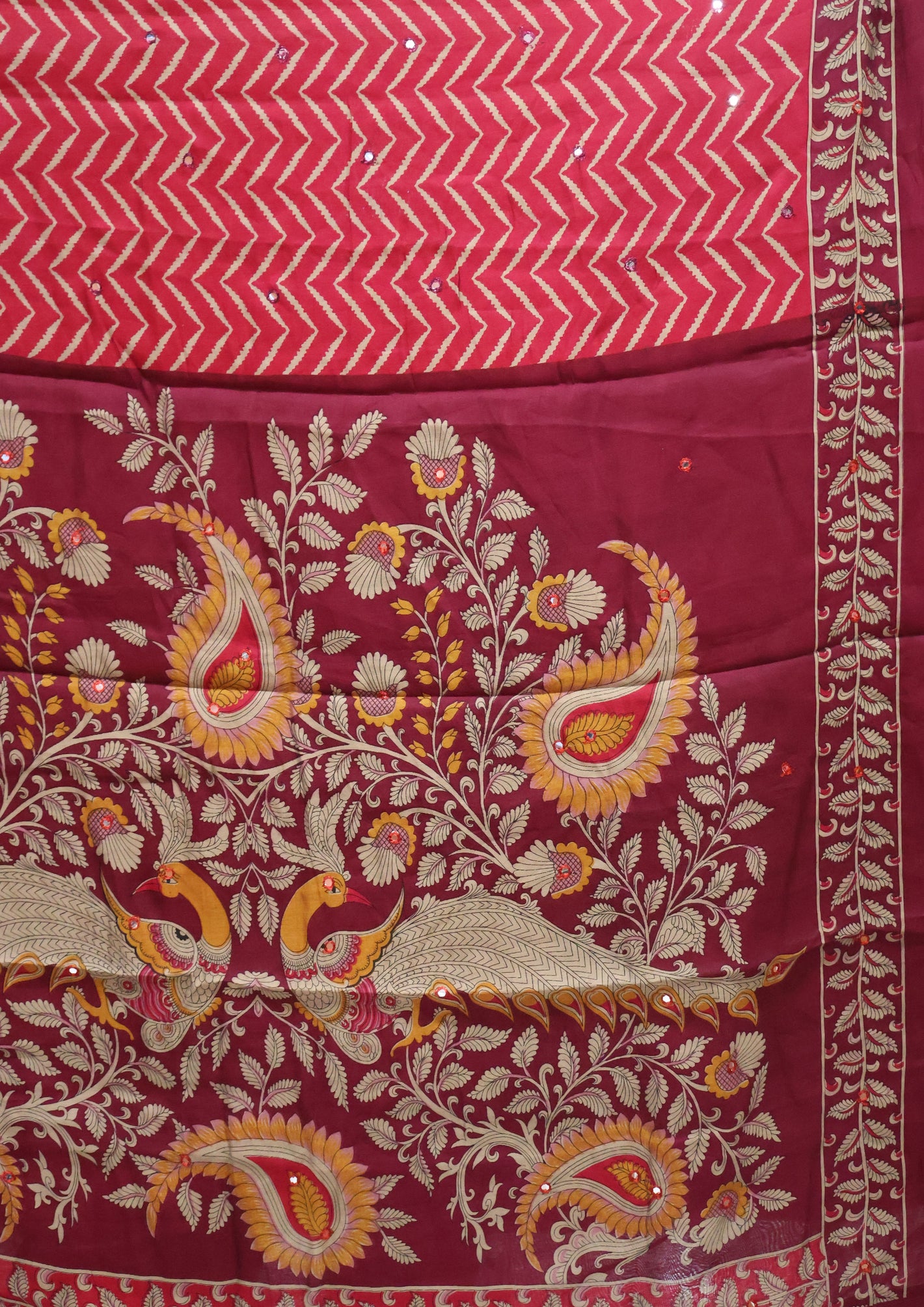 Malai Cotton Saree-Magenta Zig Zag Mirror Work