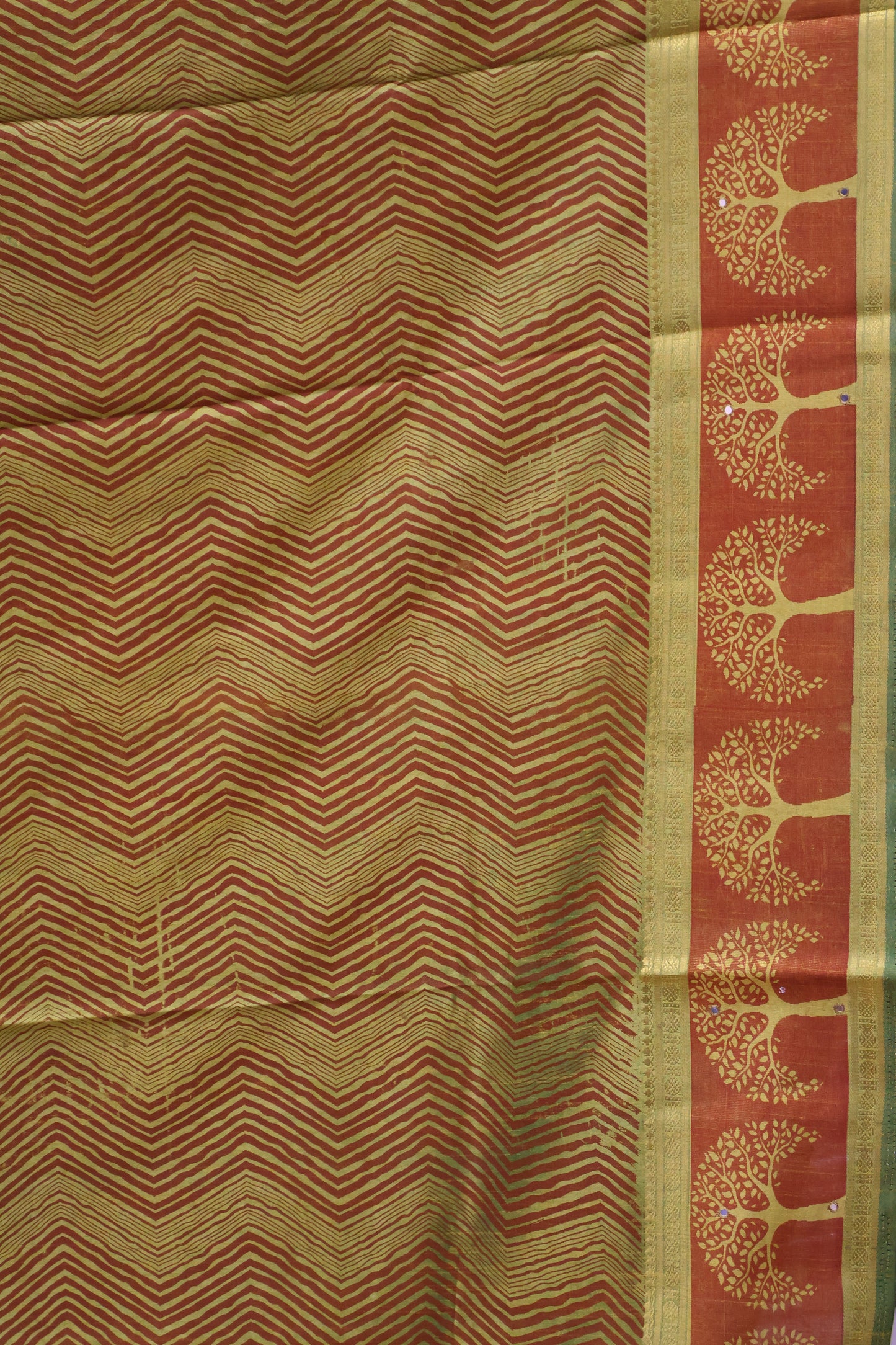Semi Tussar Saree - Lime Green Tree Pattern