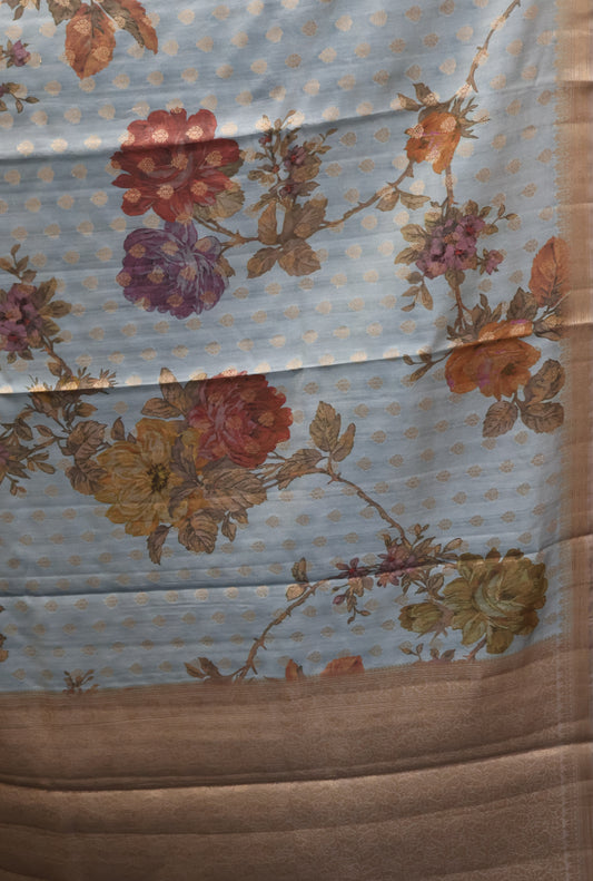 Pure Banarasi Saree Chiniya Silk -Sky Blue Tree Pattern