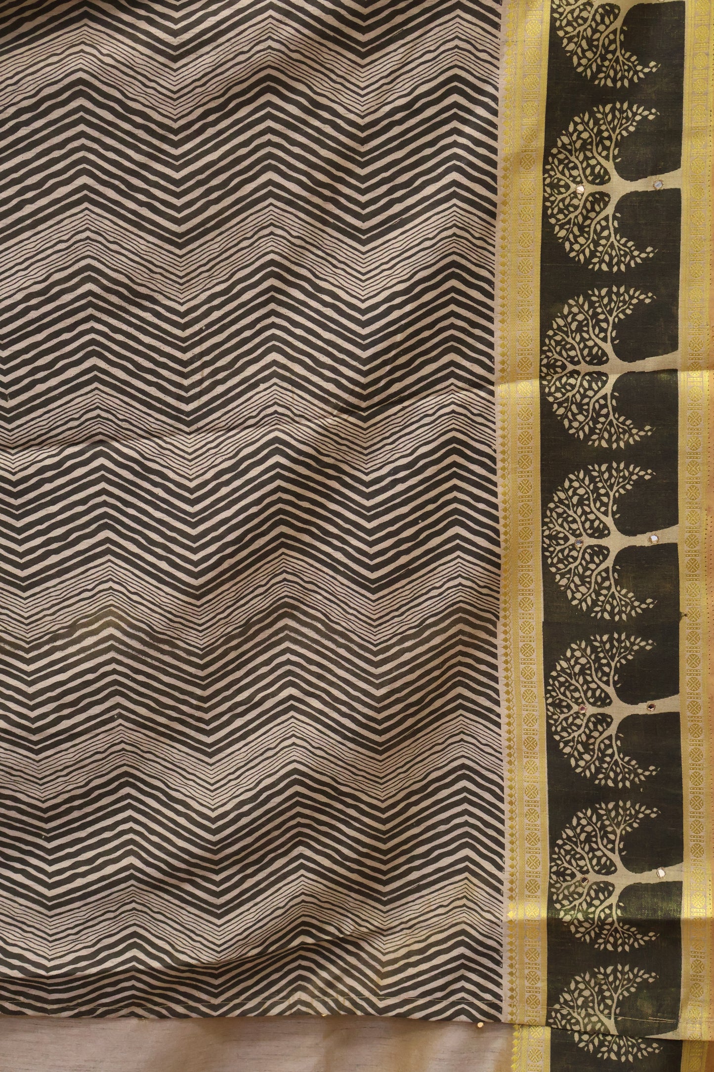 Semi Tussar Saree - Beige Tree Pattern