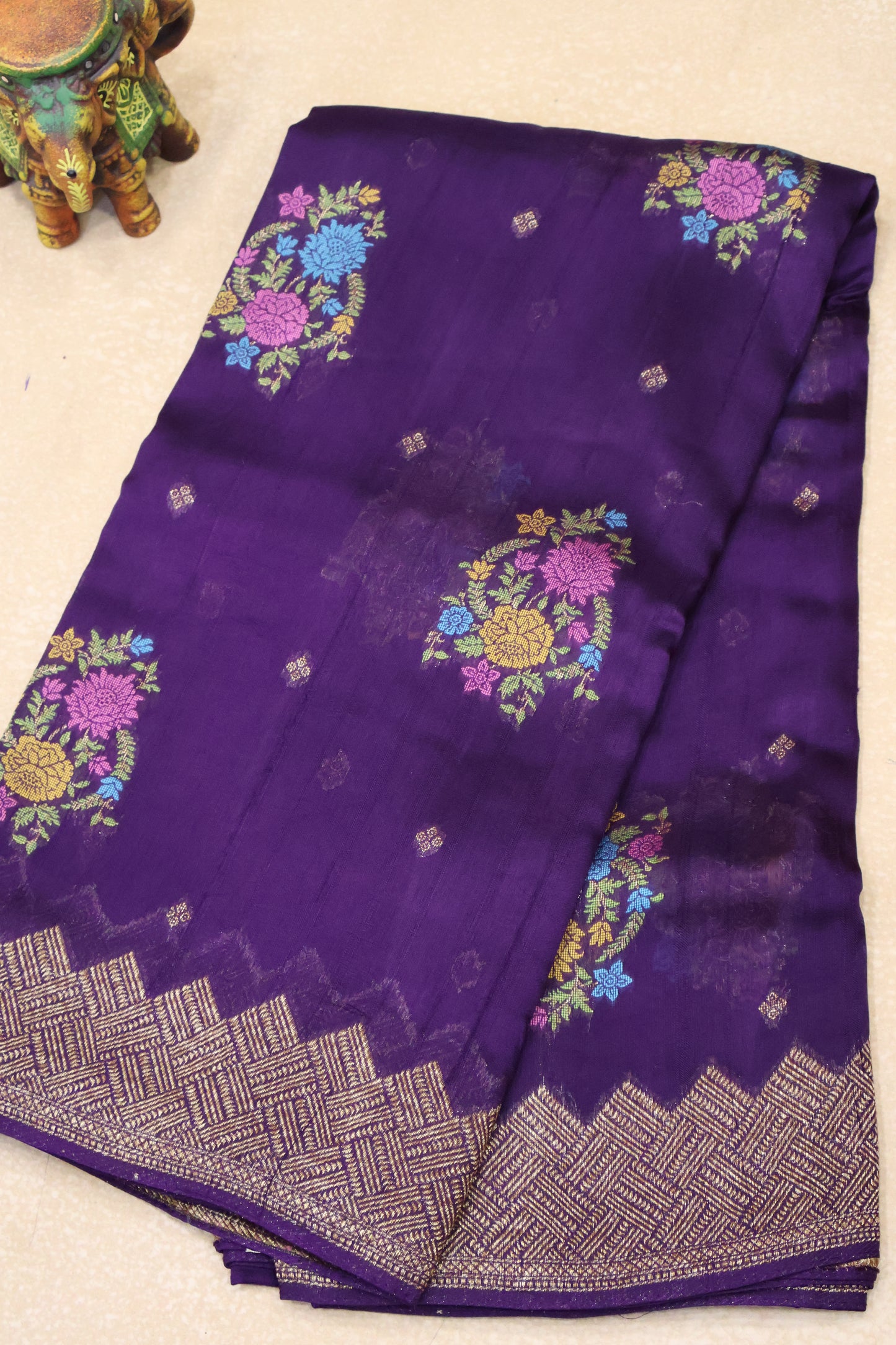 Banarasi Tussar -Purple zigzag Border