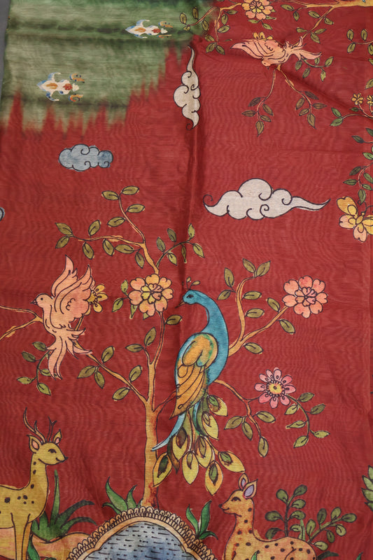 Chanderi Cotton Saree-Deer Print-Dark Pink