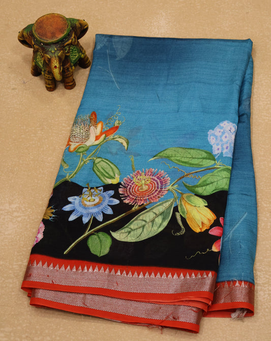 Mangal Giri Silk Saree-Sky Blue-Orange