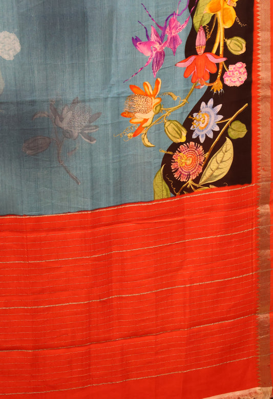 Mangal Giri Silk Saree-Sky Blue-Orange