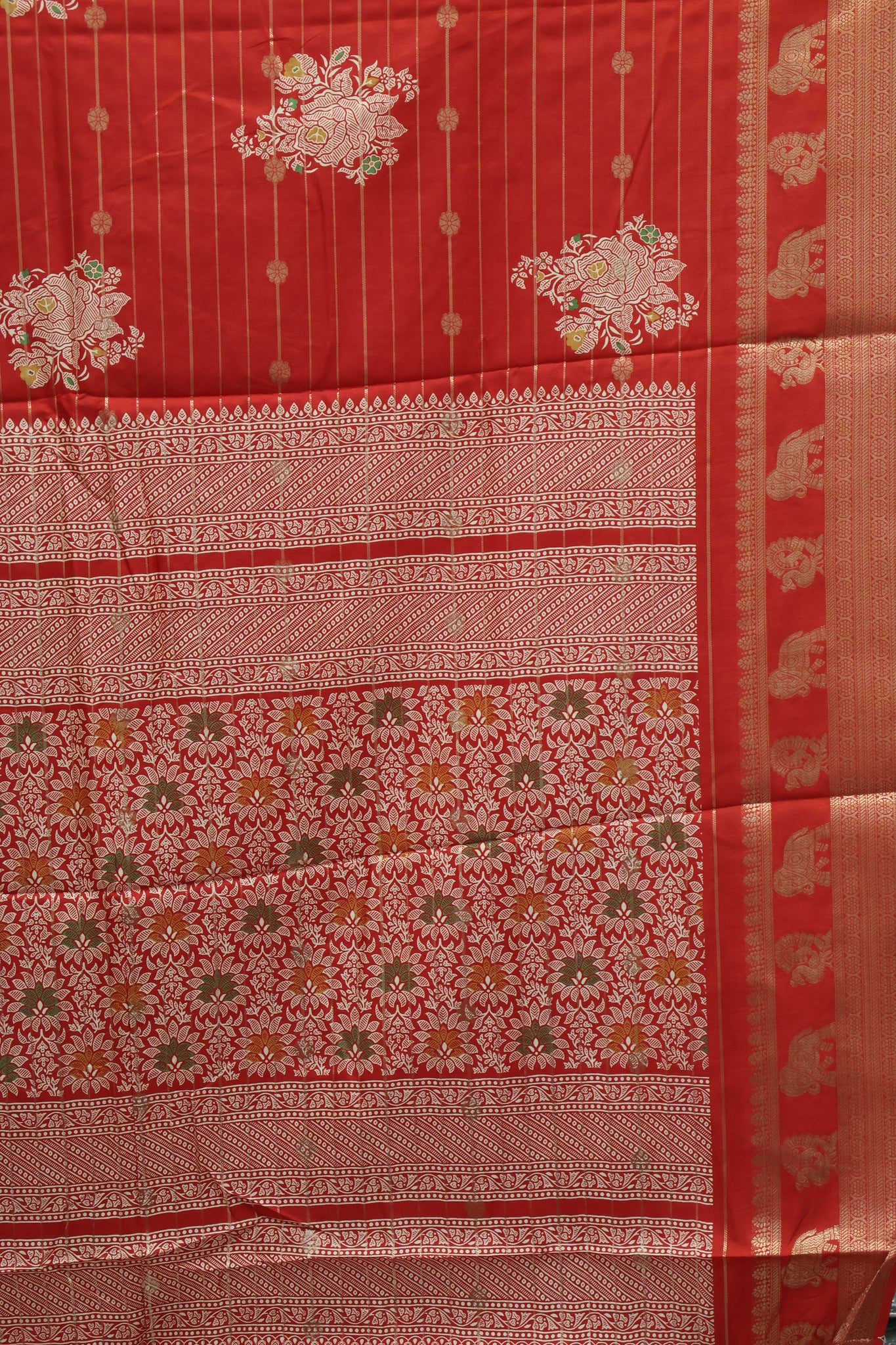 Dola Silk Saree- Red Rose Zari Lines Rose