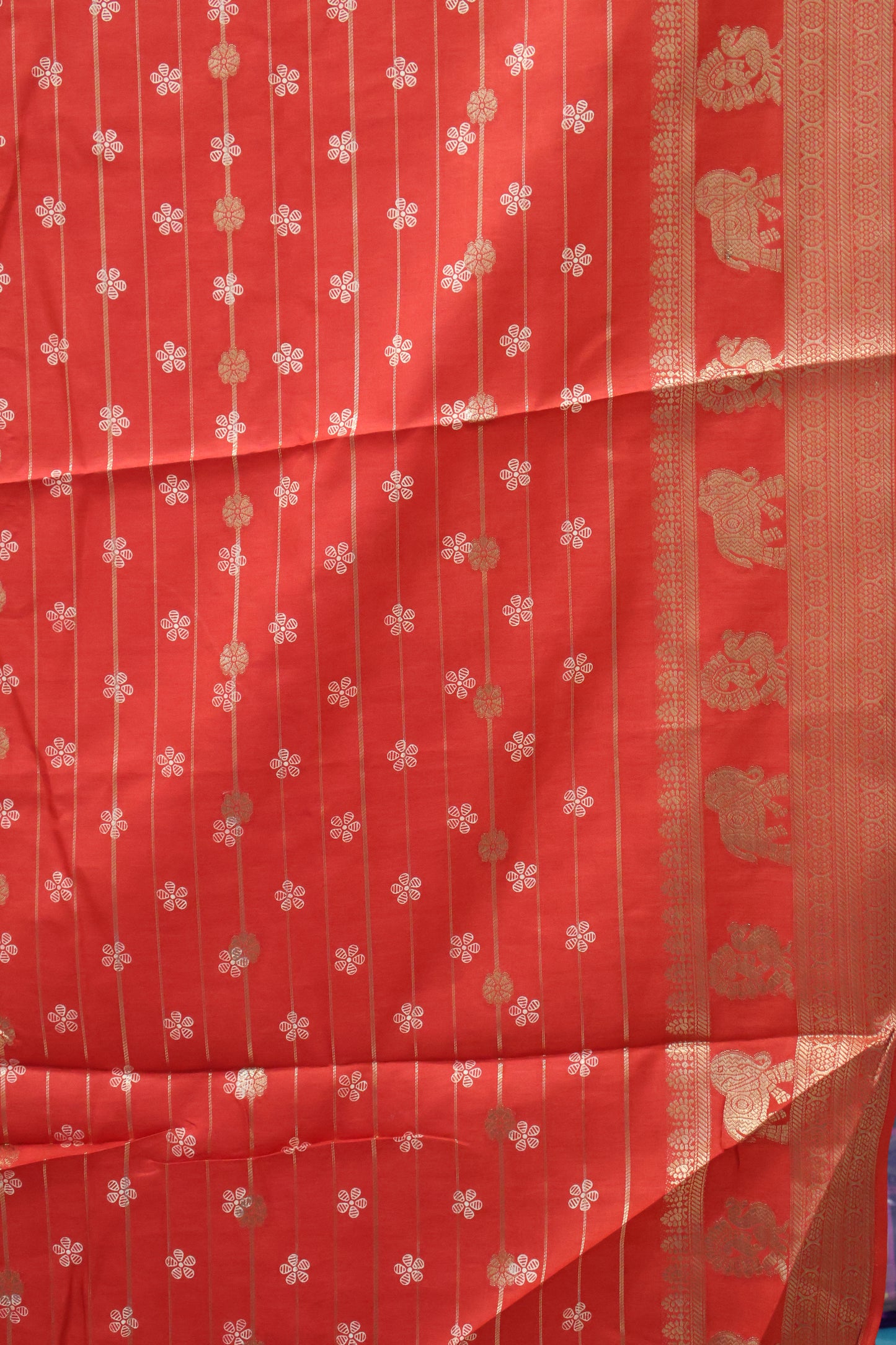 Dola Silk Saree- Red Rose Zari Lines Rose