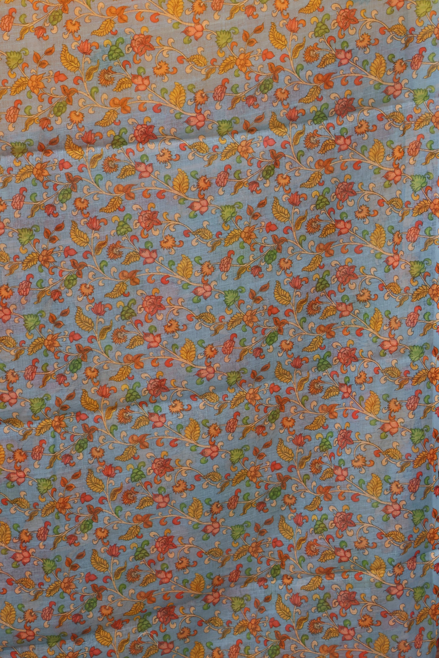 Semi Linen Saree Kalamkari Print -Sky Blue