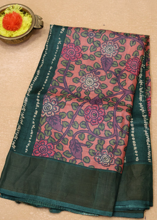 Pure Tussar Saree - Bottle Green Dot Lines
