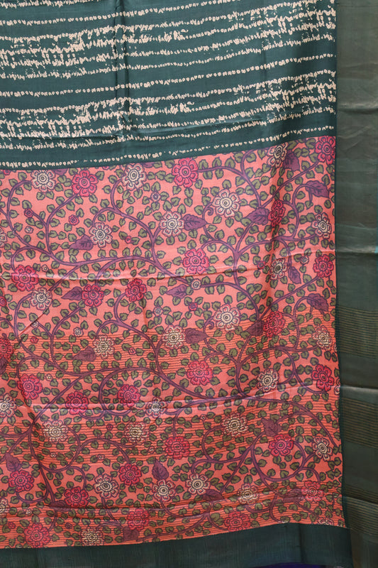 Pure Tussar Saree - Bottle Green Dot Lines