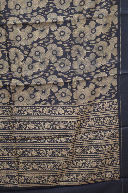 Pure Chanderi Saree -Black Floral Double Border