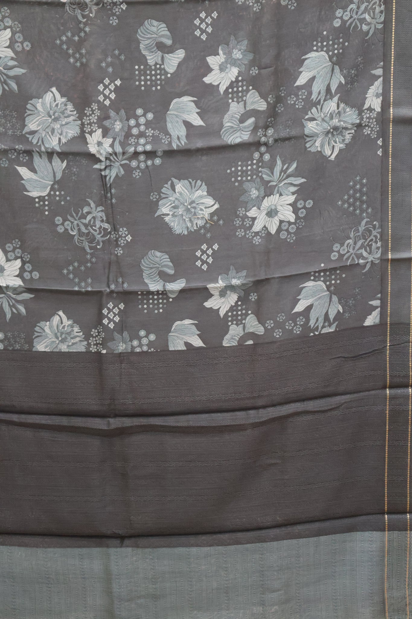 Pure Chanderi Saree -Grey Aqua Floral Double Border