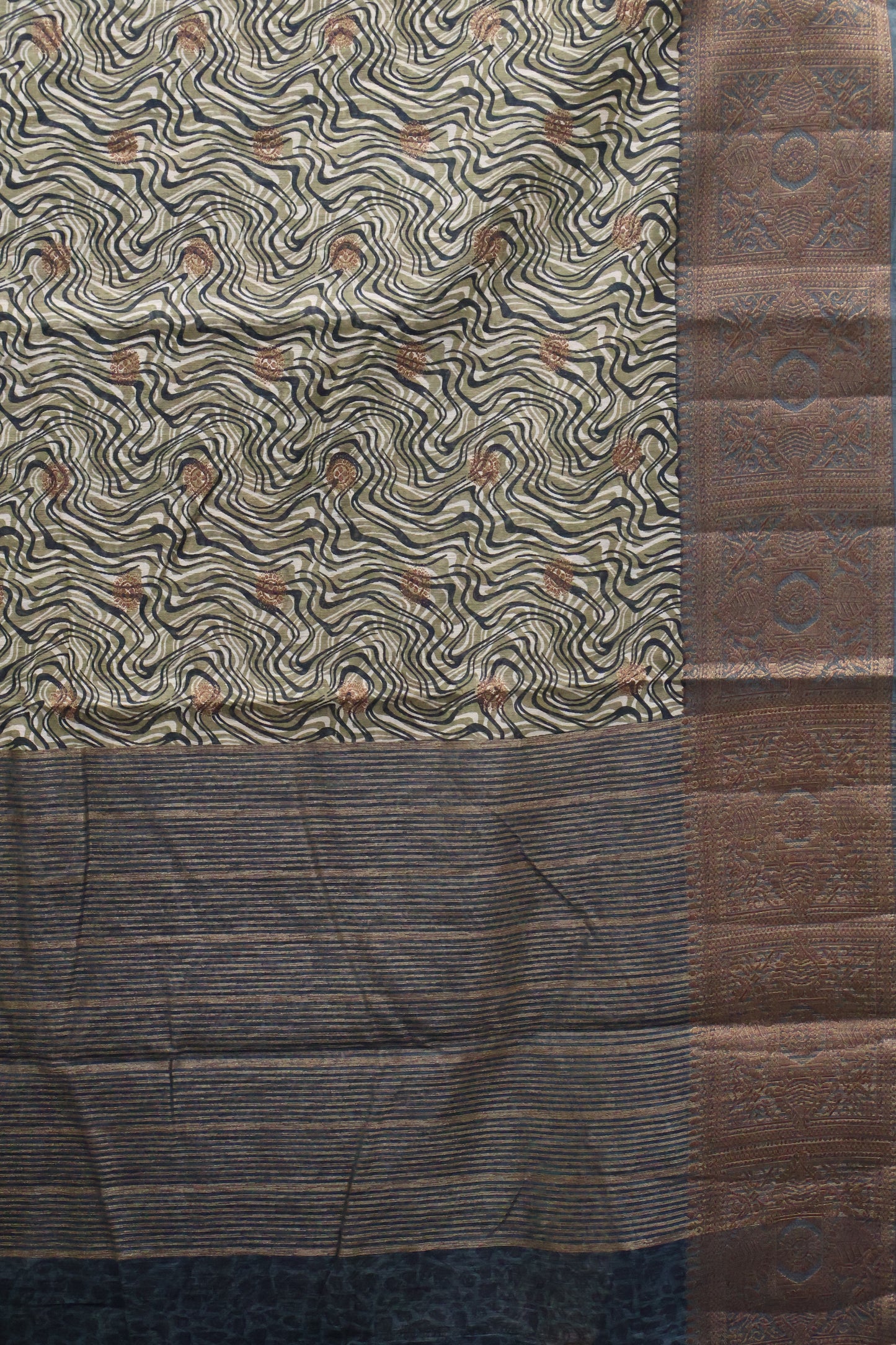 Printed Bamboo Silk Saree-Olive Green