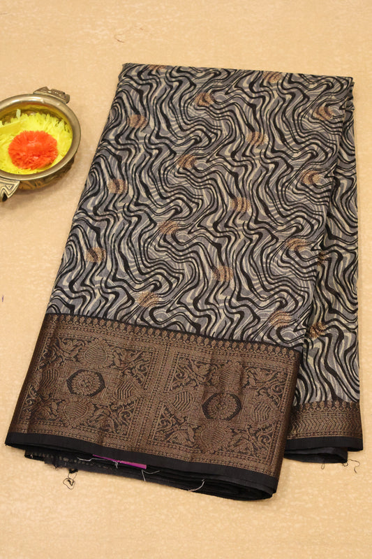 Printed Bamboo Silk Saree-Grey