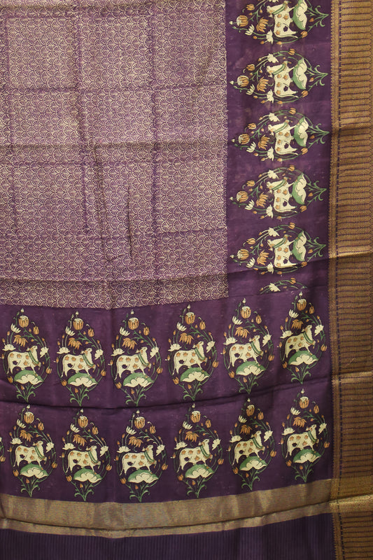 Pure Chanderi Saree-Voilet Pichwai Peacock Border