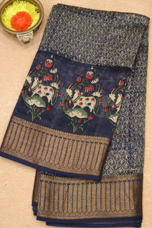 Pure Chanderi Saree-Peacock Blue Peacock Border