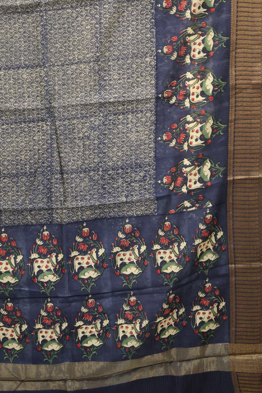 Pure Chanderi Saree-Peacock Blue Peacock Border