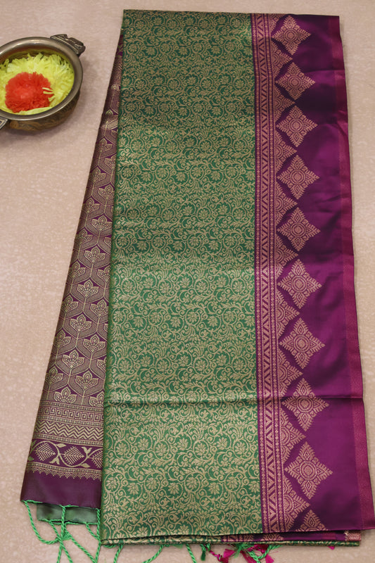 Semi Soft Silk Saree-Grass Green Kolam Border