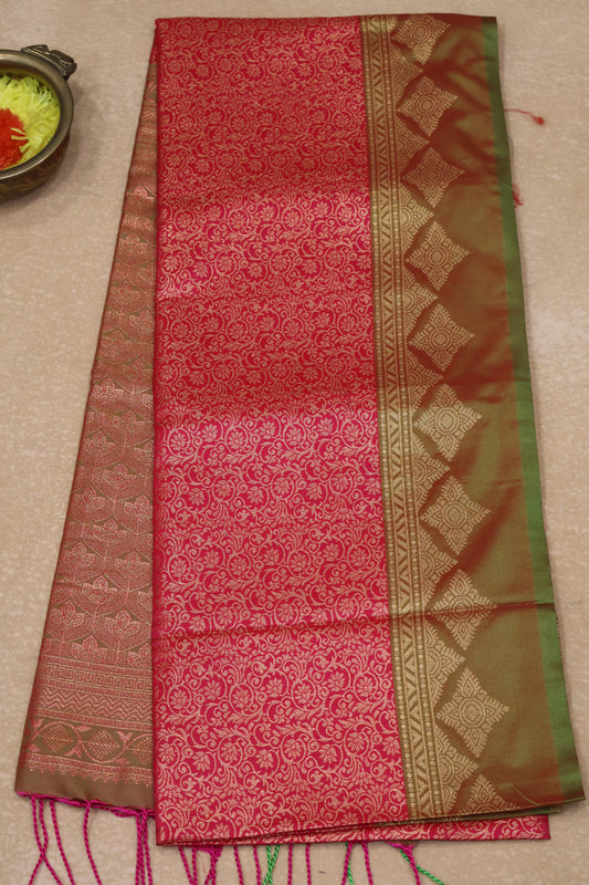 Semi Soft Silk Saree-Rani Pink Kolam Border