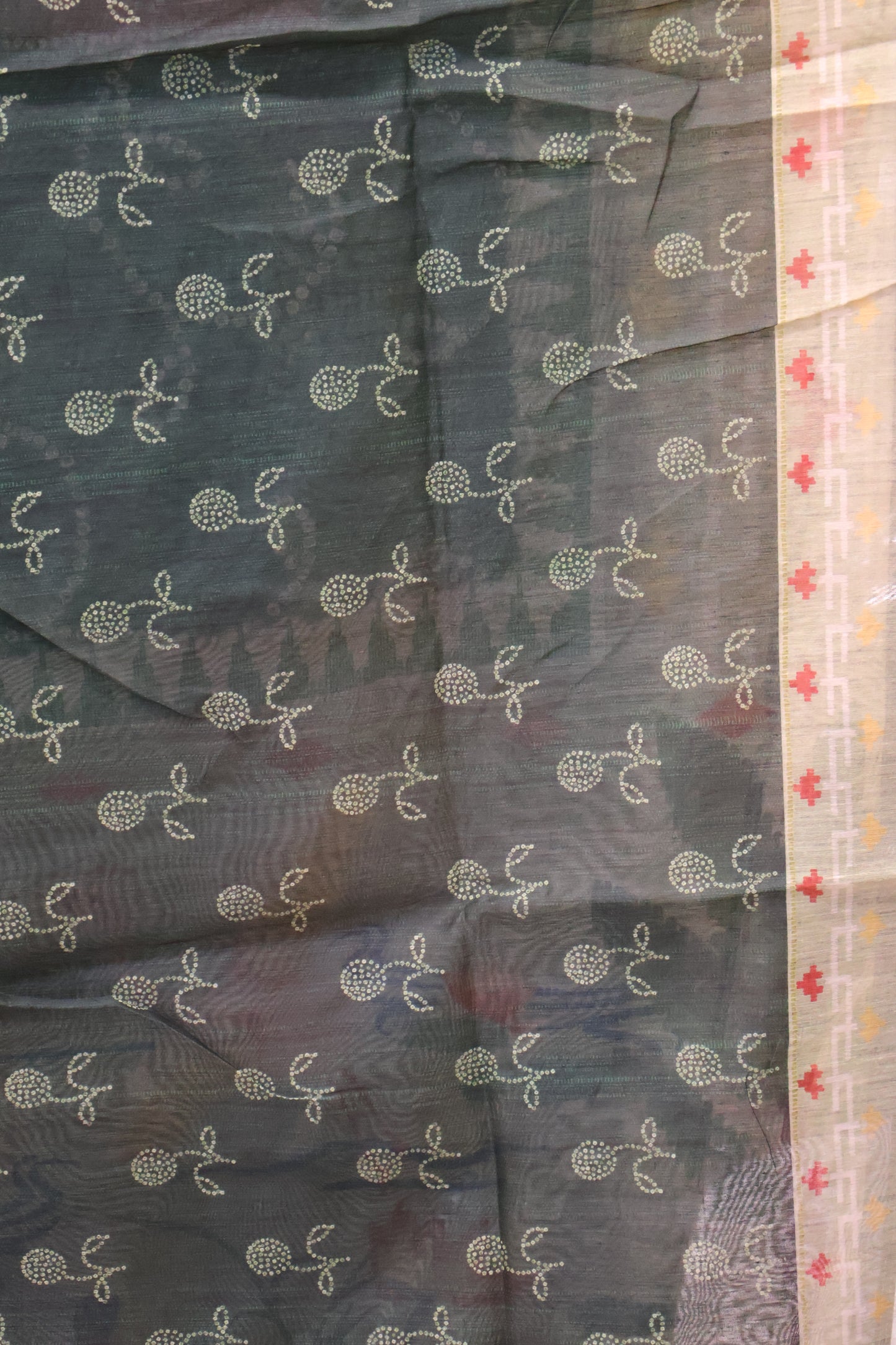 Semi Chanderi Saree Bandhini Print -Green