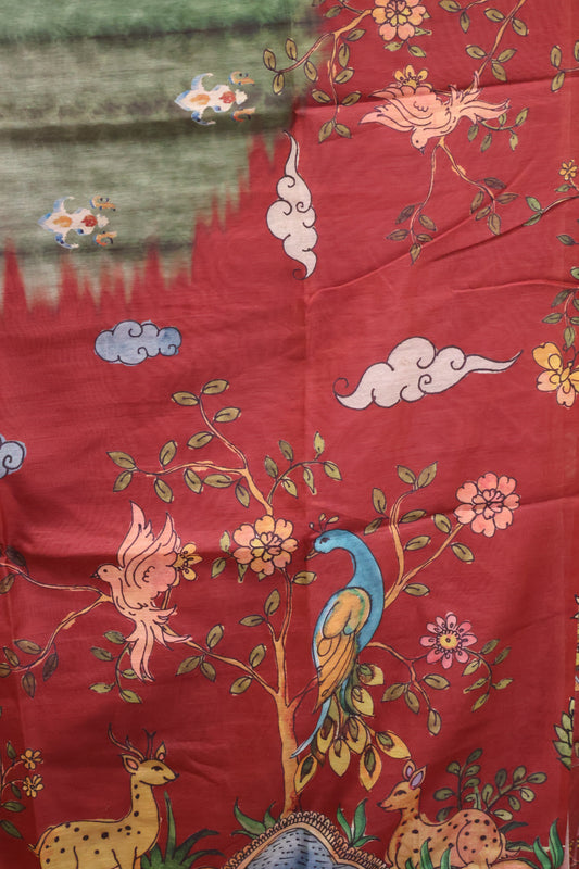 Semi Chanderi Saree- Dark Pink Deer Printed