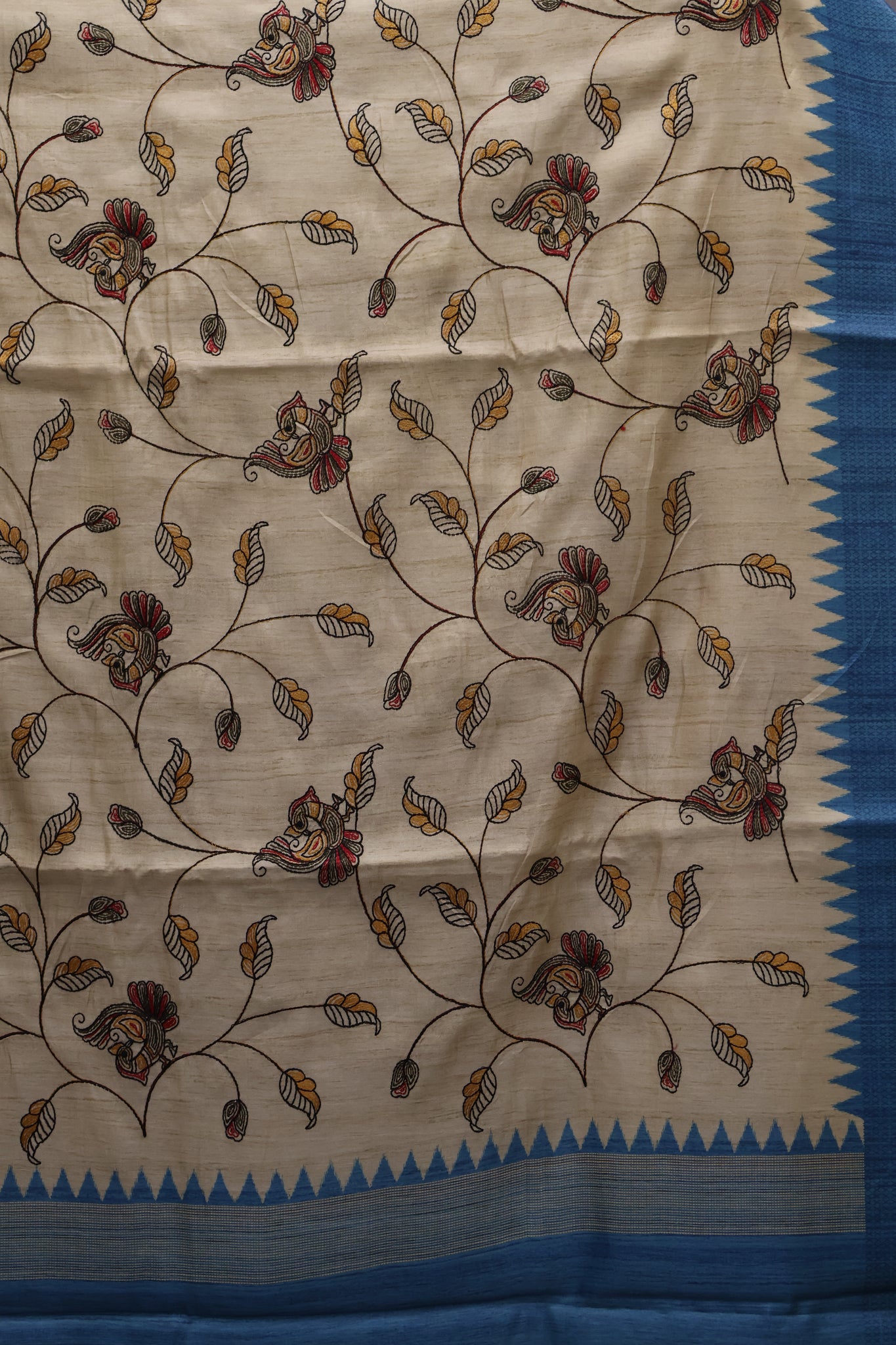 Semi Tussar Saree - Sky Blue Kalmkari Print