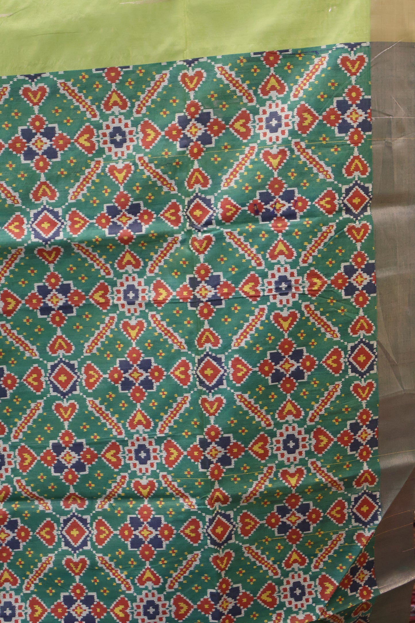 Semi Raw Silk Saree -Green Ikkat Border