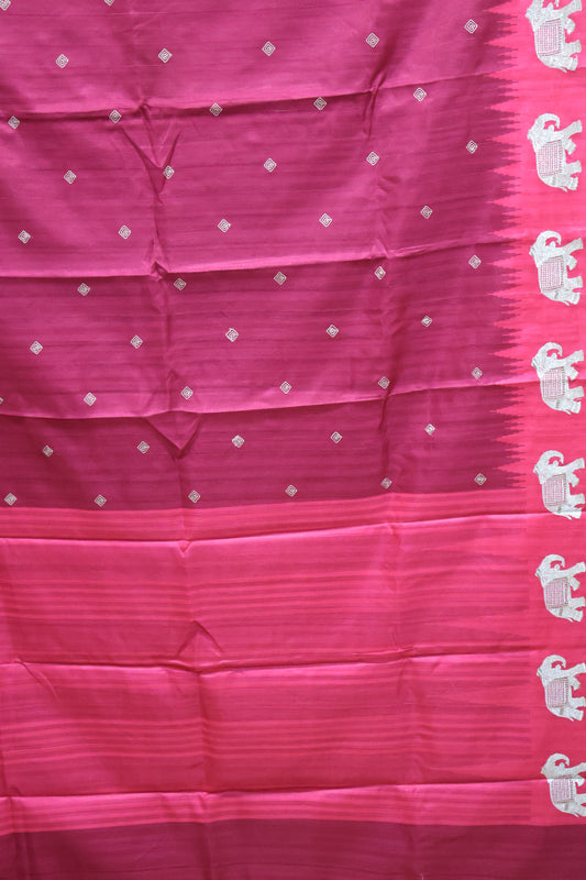 Mulberry Tussar Saree-Magenta Zari Elephant