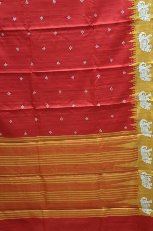 Mulberry Tussar Saree-Red Zari Elephant