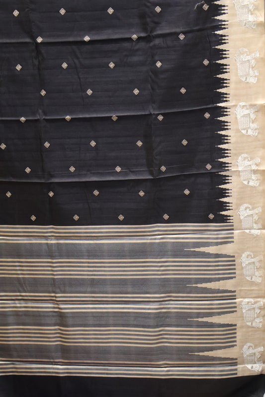 Mulberry Tussar Saree-Black Zari Elephant